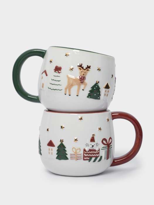 Кружка, 400 мл, 2 шт, керамика, зеленая/красная, Олень и Кот, New year ANNA LAFARG ANLAF-FDW-180225