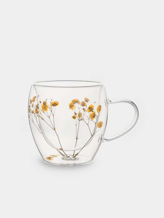 Кружка, 240 мл, стекло Б, с сухоцветами внутри, Желтые цветы, Wind-mystery ANNA LAFARG ANLAF-QL25-4