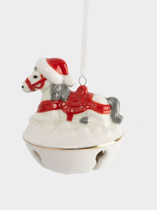 Игрушка елочная, 7 см, с колокольчиком, фарфор P, бело-красная, Лошадка на снегу, New year ANNA LAFARG ANLAF-XIA-220125-13