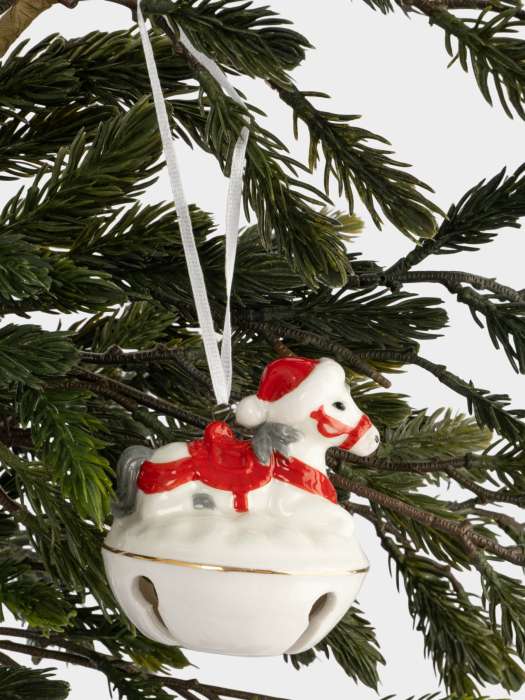 Игрушка елочная, 7 см, с колокольчиком, фарфор P, бело-красная, Лошадка на снегу, New year ANNA LAFARG ANLAF-XIA-220125-13