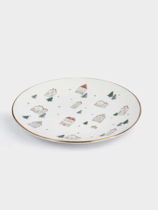 Тарелка закусочная, 19 см, фарфор N, бело-золотистая, Домики и ели, Townlet ANNA LAFARG ANLAF-EL2401-2