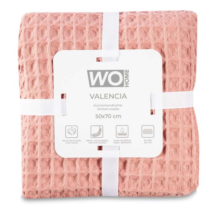 Набор полотенец кухонных VALENCIA 50х70 см, 2 шт, хлопок, розовый, п/к WO HOME WO1082