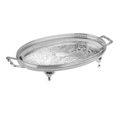 Поднос овальный с ручками, на ножках Queen Anne 46x25см, сталь, посеребрение