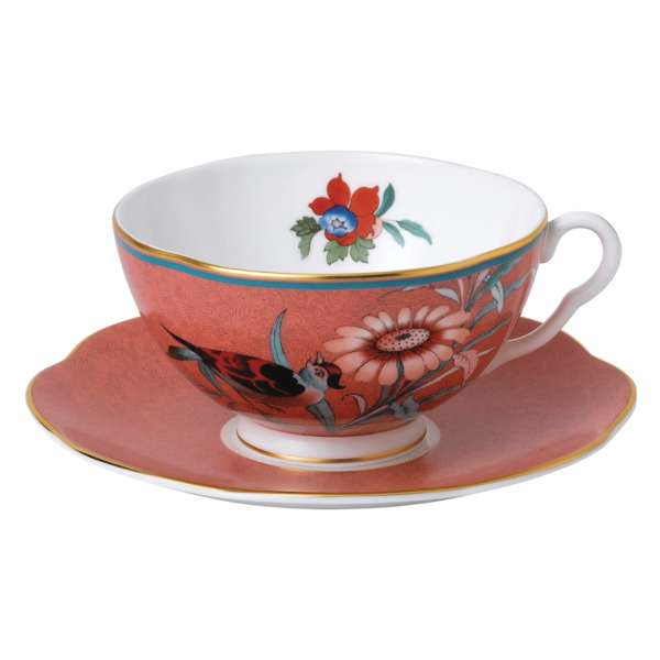 Чашка чайная с блюдцем Wedgwood Пионы 320 мл, коралловая