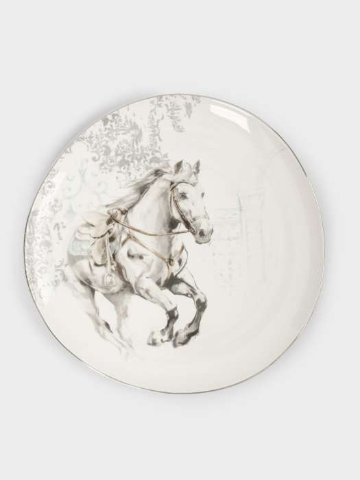Тарелка обеденная, 28 см, фарфор N, белая, с серебристым кантом, Конь, White horse ANNA LAFARG ANLAF-FXY-160128-1
