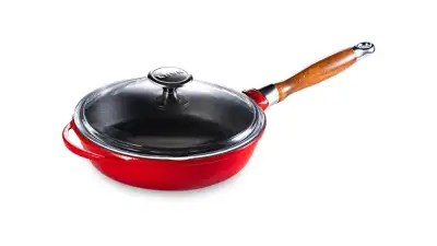 Сковорода с крышкой LAVA d24 см, 2 л, съемная деревянная ручка, чугун, красная LV Y TV 24 K3 NH Red
