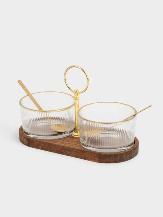 Вазочка для джема, 20x10 см, 2 шт, с ложками, на подставке, стекло/дерево/нержавеющая сталь, золотистая, Sonnet ANNA LAFARG ANLAF-CBK1302