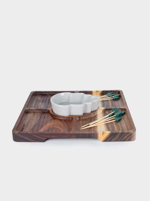 Менажница, 25 см, 4 отд, с пиалой, со шпажками, дерево/керамика, Шишка ANNA LAFARG ANLAF-CBK1303