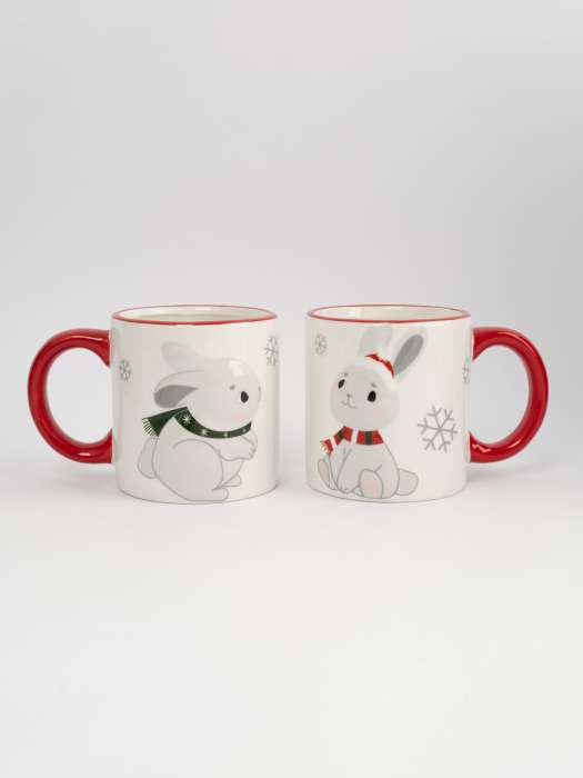 Кружка, детская, 360 мл, 2 шт, керамика, молочно-красная, Зайчики в шарфах, New year ANNA LAFARG ANLAF-XWS-180225
