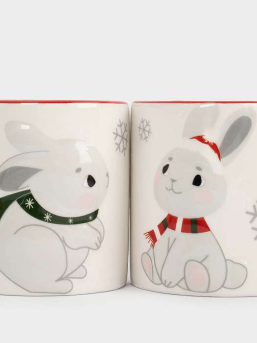 Кружка, детская, 360 мл, 2 шт, керамика, молочно-красная, Зайчики в шарфах, New year ANNA LAFARG ANLAF-XWS-180225