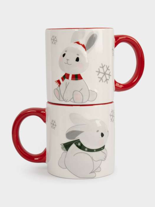 Кружка, детская, 360 мл, 2 шт, керамика, молочно-красная, Зайчики в шарфах, New year ANNA LAFARG ANLAF-XWS-180225