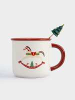 Кружка, 470 мл, с ложкой, керамика/сталь, красная, Елка/Лошадка-качалка, Bright horse ANNA LAFARG ANLAF-NY-1105