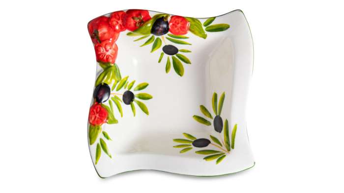 Салатник квадратный с изгибом порционный Томаты и оливки 14х14 см, керамика EDELWEISS EDW-8000P