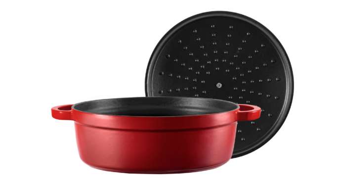 Кастрюля с крышкой низкая L'amour d28 см, 4,2 л, чугун, красная VOEUX VOX-8683642549087