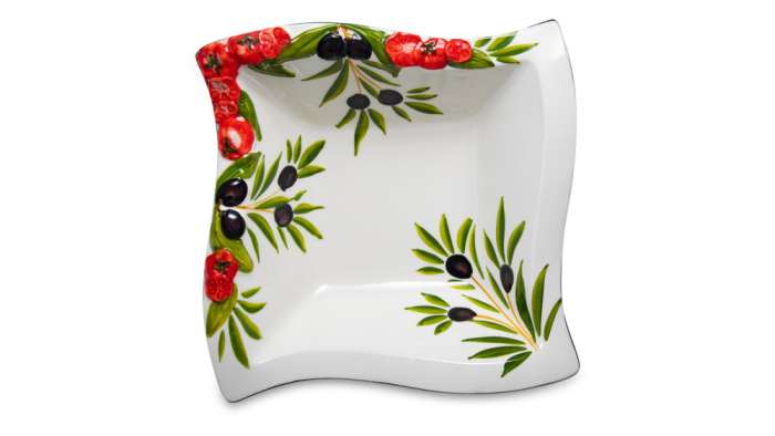 Салатник квадратный с изгибом Томаты и оливки 25х25 см, керамика EDELWEISS EDW-8003P