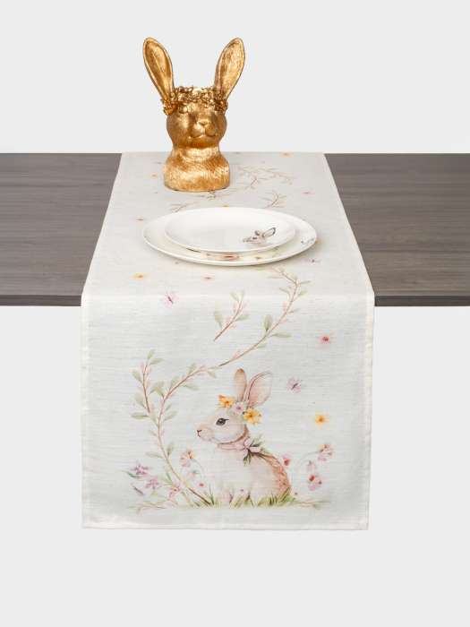 Дорожка настольная, 40х160 см, полиэстер/лен, бежевая, Кролик в цветах, Easter rabbit ANNA LAFARG ANLAF-QFEA26-1TR