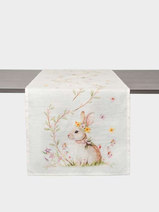 Дорожка настольная, 40х160 см, полиэстер/лен, бежевая, Кролик в цветах, Easter rabbit ANNA LAFARG ANLAF-QFEA26-1TR