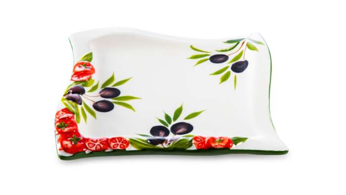 Блюдо квадратное с изгибом Томаты и оливки 20х20 см, керамика EDELWEISS EDW-8005P