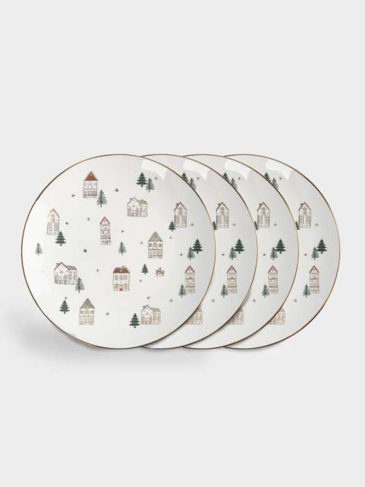Тарелка закусочная, 19 см, 4 шт, фарфор N, бело-золотистая, Домики и ели, Townlet ANNA LAFARG ANLAF-EL2401-2-SET4