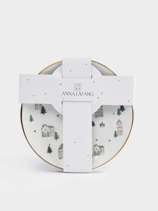 Тарелка закусочная, 19 см, 4 шт, фарфор N, бело-золотистая, Домики и ели, Townlet ANNA LAFARG ANLAF-EL2401-2-SET4