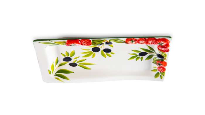 Блюдо прямоугольное с изгибом Томаты и оливки 25х12 см, керамика EDELWEISS EDW-8012P