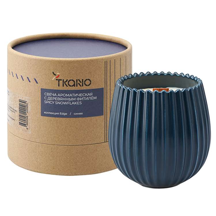 Свеча ароматическая с деревянным фитилём Spicy Snowflakes из коллекции Edge, синий, 60 ч TKANO TK23-ARO0048