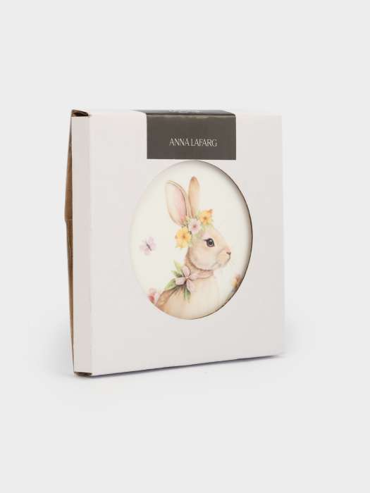 Подставка под кружку, 11 см, круглая, керамика/пробка, белая, Кролик с венком в цветах, Easter rabbit ANNA LAFARG ANLAF-YUX-ESTRN6