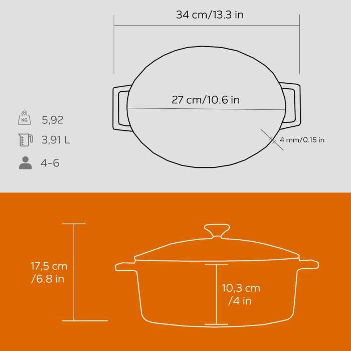 Литая чугунная утятница с крышкой оранжевая 23x29см, 4,7л LAVA LV O TC 29 K1 O
